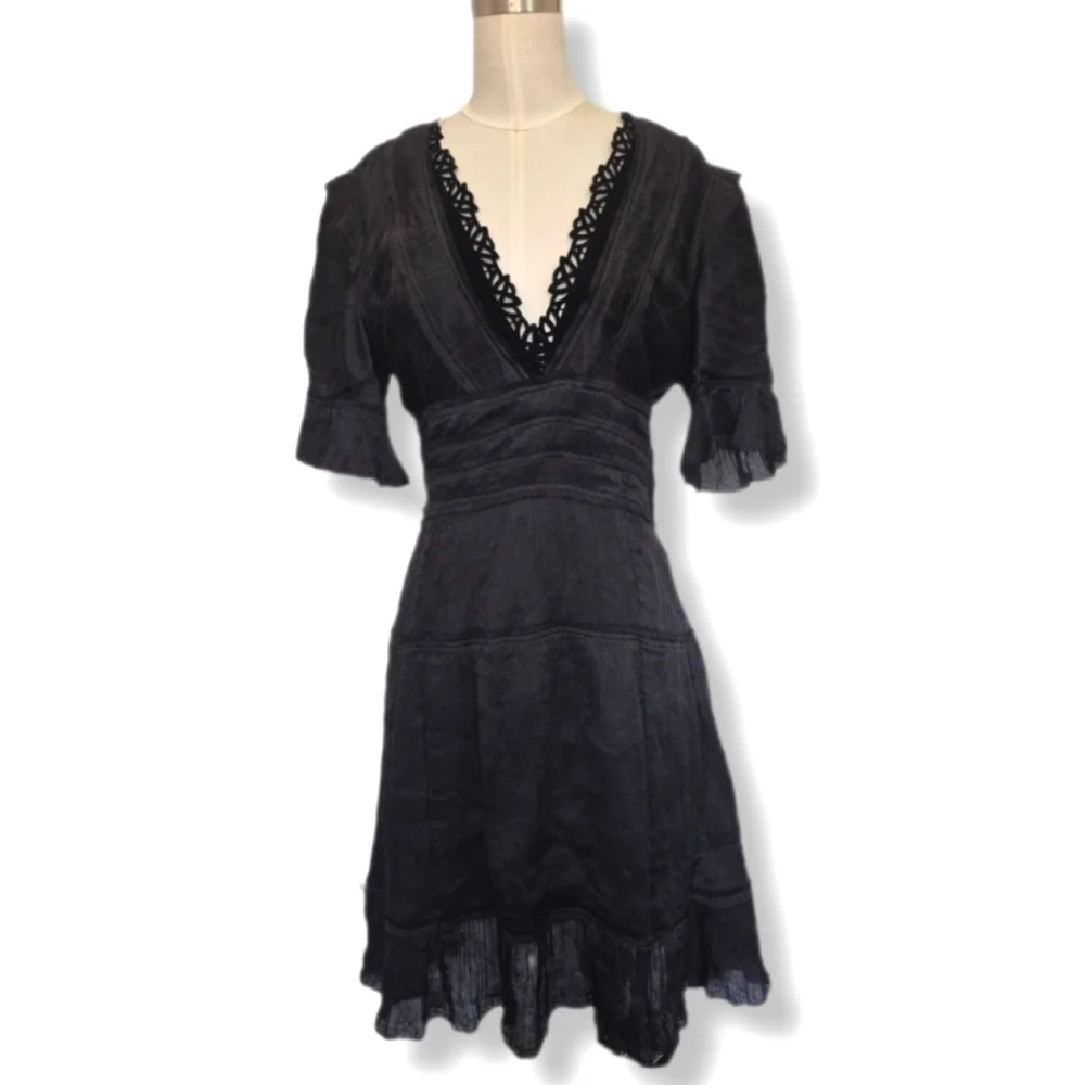 FENDI Dress Black Pleated Silk V Neck Ruffle 3/4 Sleeves RARE Italy Size 44 (8) - Picture 2 of 15